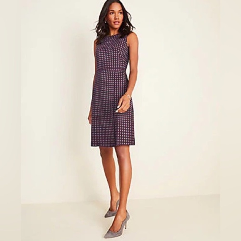 ANN TAYLOR Navy & Wine Check Overlap Print Sheath Dress Sz 12